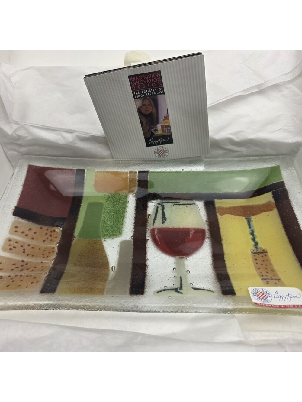 FABULOUS SIGNED 2008 PEGGY KARR FUSED ART GLASS WINE THEMED 9 3/4" x 5 3/4" TRAY